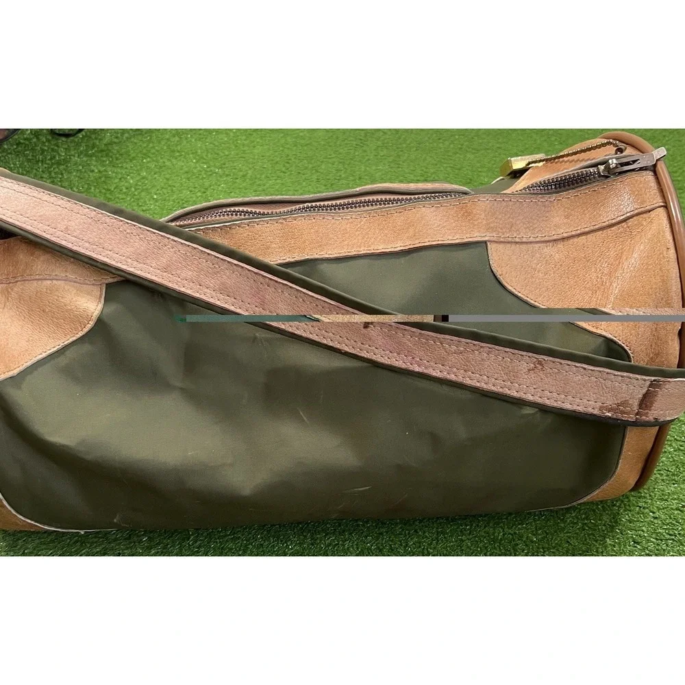 Vintage Waxed Canvas Weekender Duffle Bag Olive Drab Brown Leather Western 70s